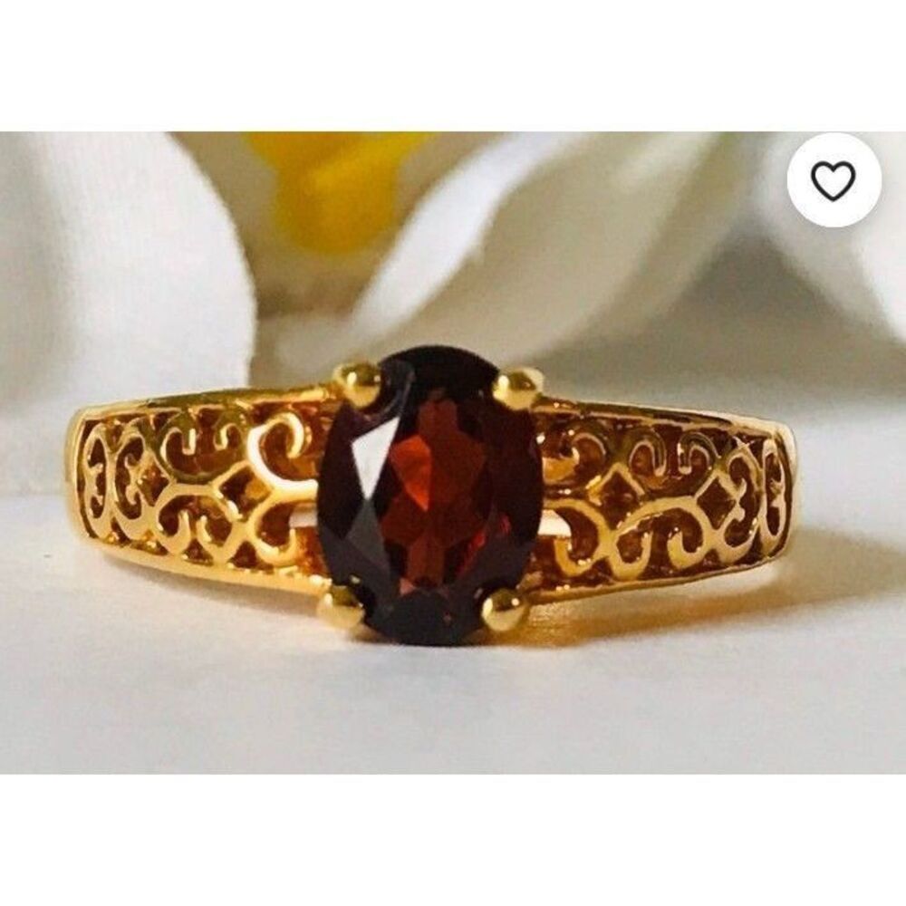 Vintage Garnet Solitaire and Filigree 18K Gold Plated Band Ring Size 8